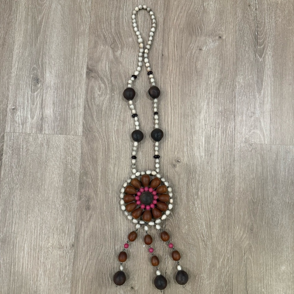 Vtg Bohemian Beads and nuts Necklace with Pink Accents